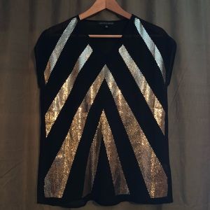 Saks Fifth Ave Sheer Black and Gold Sequined Top